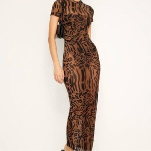 Good American Mesh Tee Maxi Dress – Leopard Print | Size Medium